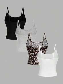 Girlism 少女涤纶修身背心，多色可选，适合叠穿和夏季休闲穿着。三件装，含胸罩，紧身设计，豹纹印花，适合秋冬季日常穿着、街头风、居家穿着。透气可爱，适合新年、日常穿着、庆祝活动、秋冬季穿着，舒适百搭，时尚有型。 - 彩色 - 查看 2
