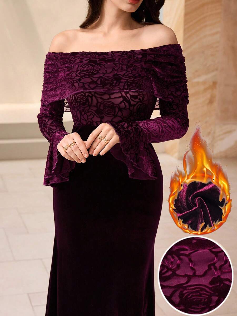 Modelyn 秋冬露肩天鹅绒花卉拼布纯色天鹅绒修身鱼尾下摆喇叭袖优雅派对连衣裙，红色 - 紅色 - 查看 1