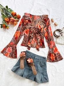 Soleia Women's Chiffon Leopard Print Shirt,All Shades Of Brown,Autumn,Boho,Tea Party,Holiday Ruffle Tie Top For Wedding,Beach,Music Festival,Vacation - Brown - View 4