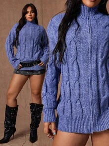 Rustia Chaqueta de punto con cremallera de talla grande, corte holgado, nueva llegada de otoño/invierno - Azul - Ver 1