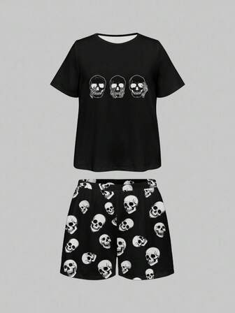Gothic Totenkopf Muster Große Größen Kurzarm Top und Shorts Pyjama Set, Lässig Loungewear