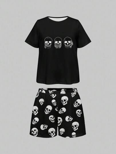 Goth Ensemble pyjama avec Top à manches courtes et short imprimé crâne gothique grande taille, tenue de détente décontracté
