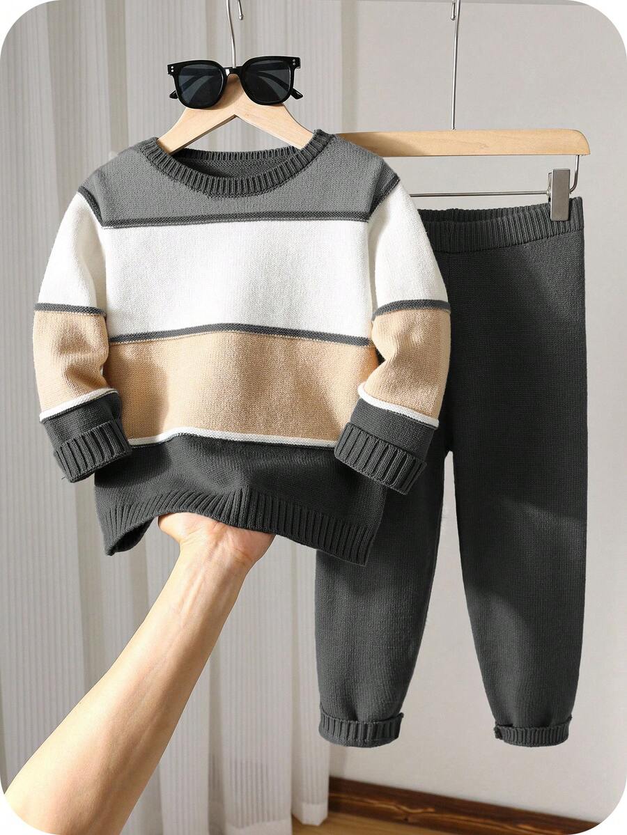 SHEIN 2pcs/Set Young Boys Casual Raglan Loose Striped Crew Neck Sweater Top And Ribbed Hem Pants Set, Suitable For Autumn/Winter Wear, Homewear And Outings, Thick Collegiate Style
