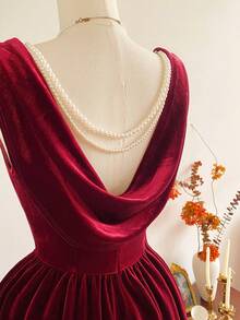 Vintamour 复古优雅女式连衣裙，带口袋，天鹅绒珍珠链，派对节日鸡尾酒会礼服，女式秋季服装，万圣节服装，冬装，圣诞冬装，女式秋季服装，女式万圣节服装，女式圣诞服装，圣诞派对礼服，新年礼服，女式感恩节服装，优雅派对礼服 - 酒紅色 - 查看 5