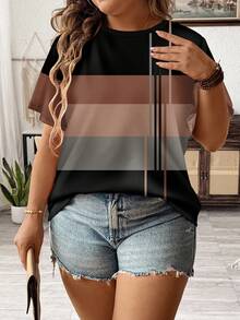 EMERY ROSE Casual Minimalist Allover Stripe Print Plus Size T-Shirt Pullover, Summer Suitable For Going Out - Multicolor - View 3