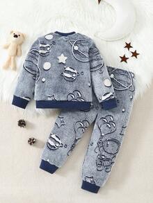 2pcs Young Boy Casual Plush Long Sleeve Top And Pants Homewear Set - Baby Blue - View 2