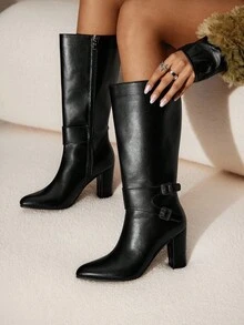 Daringsoles 女士时尚通勤黑色高跟过膝靴，金属扣装饰，侧拉链开合，尖头，粗跟，秋冬及膝靴 - 黑色 - 查看 8