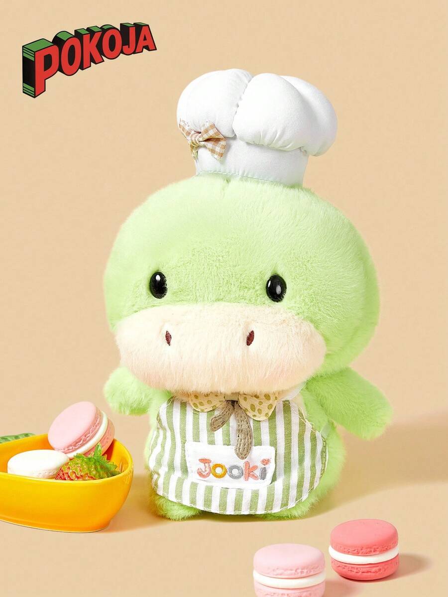 POKOJA LAND 可爱浅绿色恐龙毛绒玩具，身穿厨师服 - 戴着厨师帽、穿着条纹围裙的可爱毛绒玩具，是送给孩子和家居装饰的理想礼物 - 彩色 - 查看 1