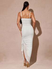 Silquee فستان ماكسي أنيق بأكمام مكشكشة خضراء فاتحة رومانسية مع شق عالي، فستان حفلة ضيق مطرز بالدانتيل للنساء، مناسب لعيد الحب، المواعدة، الزفاف، الحفلات الراقصة