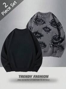 Manfinity CasualKnits Men's Casual Graphic Print Crew Neck Long Sleeve Sweater, Autumn/Winter Men S Sweatshirts Crewnecks Sweatshirts Sweatshirts Graphic Grunge Sweater Graphic Sweaters - Multicolor - View 2