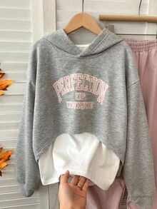 DAZY Tween Girl Letter Print Hoodie T-Shirt And Cargo Pants Set - Grey - View 3