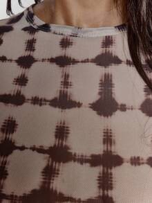 MUSERA Feraux 网眼格纹印花长袖荷叶边下摆上衣，性感外出夜游冬季可爱街头风。适合假日、派对、春夏穿着。 - 彩色 - 查看 6