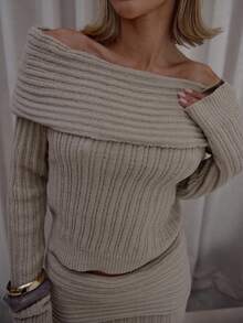 MUSERA 翻边厚针织罗纹修身长裙套装（仅下装）街头风优雅休闲性感外出太妃糖色晚宴派对优雅 - 卡其色 - 查看 7