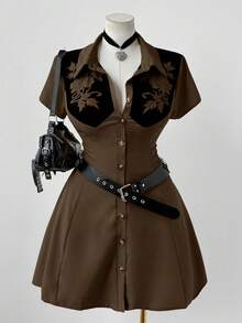 Sunspun Fashionable Collared Casual Colorblock Print Waist A-Line Dress - Brown - View 7