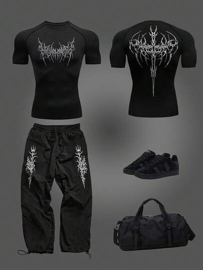 Manfinity Sport Corelite Conjunto deportivo de camiseta y pantalones con estampado de color contrastante para hombres. Transpirable, que absorbe la humedad y cómodo, con ajuste ceñido para entrenamiento, gimnasio. Conjunto gótico de ropa de gimnasio, ropa deportiva de Halloween para hombres.