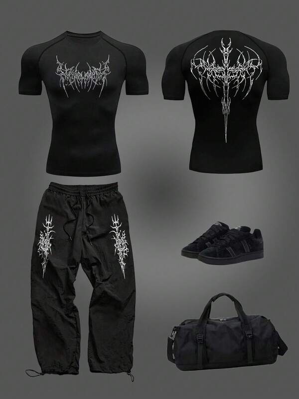 Manfinity Sport Corelite Conjunto deportivo de camiseta y pantalones con estampado de color contrastante para hombres. Transpirable, que absorbe la humedad y cómodo, con ajuste ceñido para entrenamiento, gimnasio. Conjunto gótico de ropa de gimnasio, ropa deportiva de Halloween para hombres.