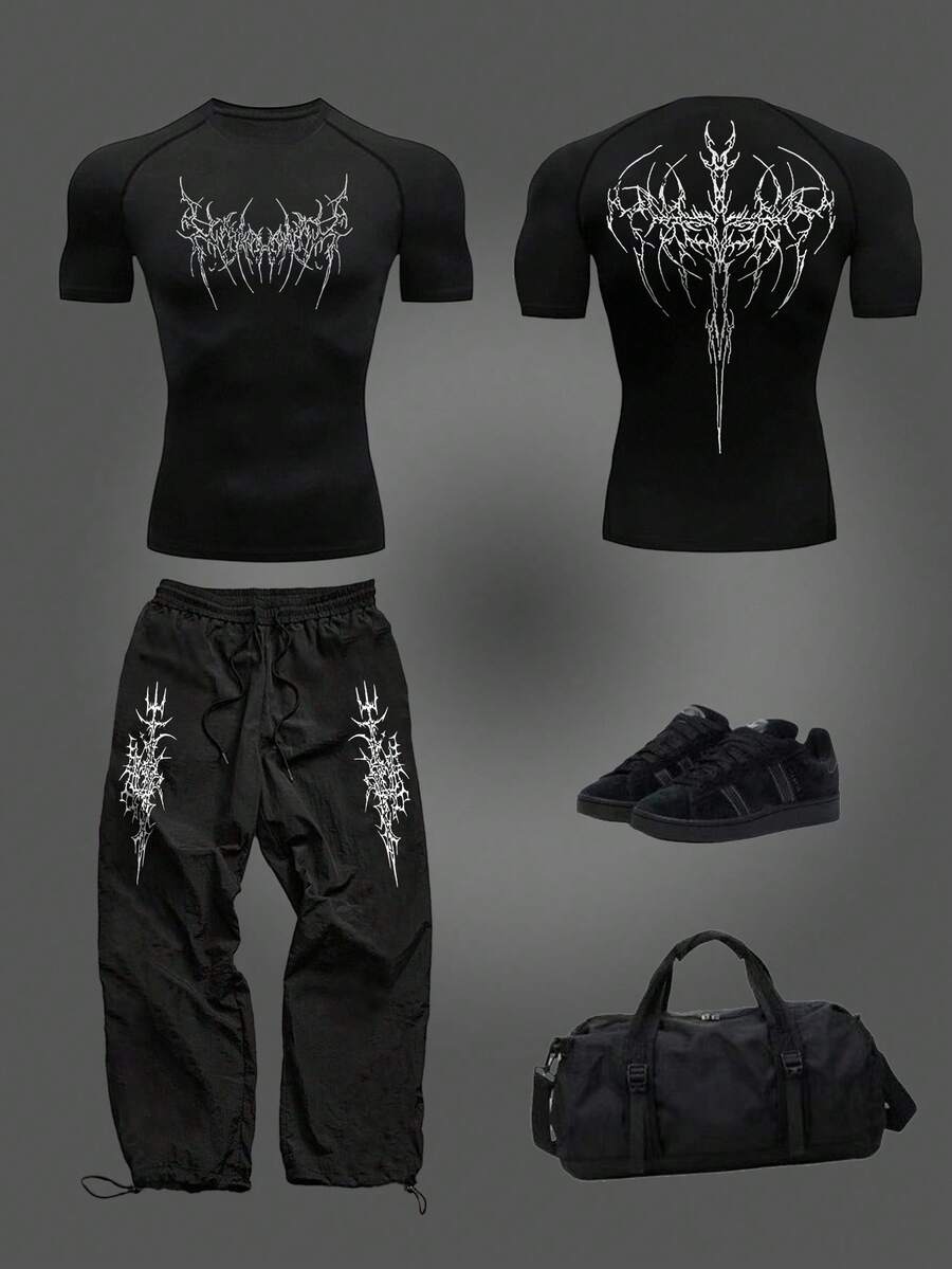 Manfinity Sport Corelite 男士撞色印花T恤和运动裤套装，透气吸汗，舒适修身，适合健身训练，哥特风健身服，哥特式运动服，男士健身服，万圣节运动服，健身套装，运动套装，男士压缩衣 - 黑色 - 查看 1