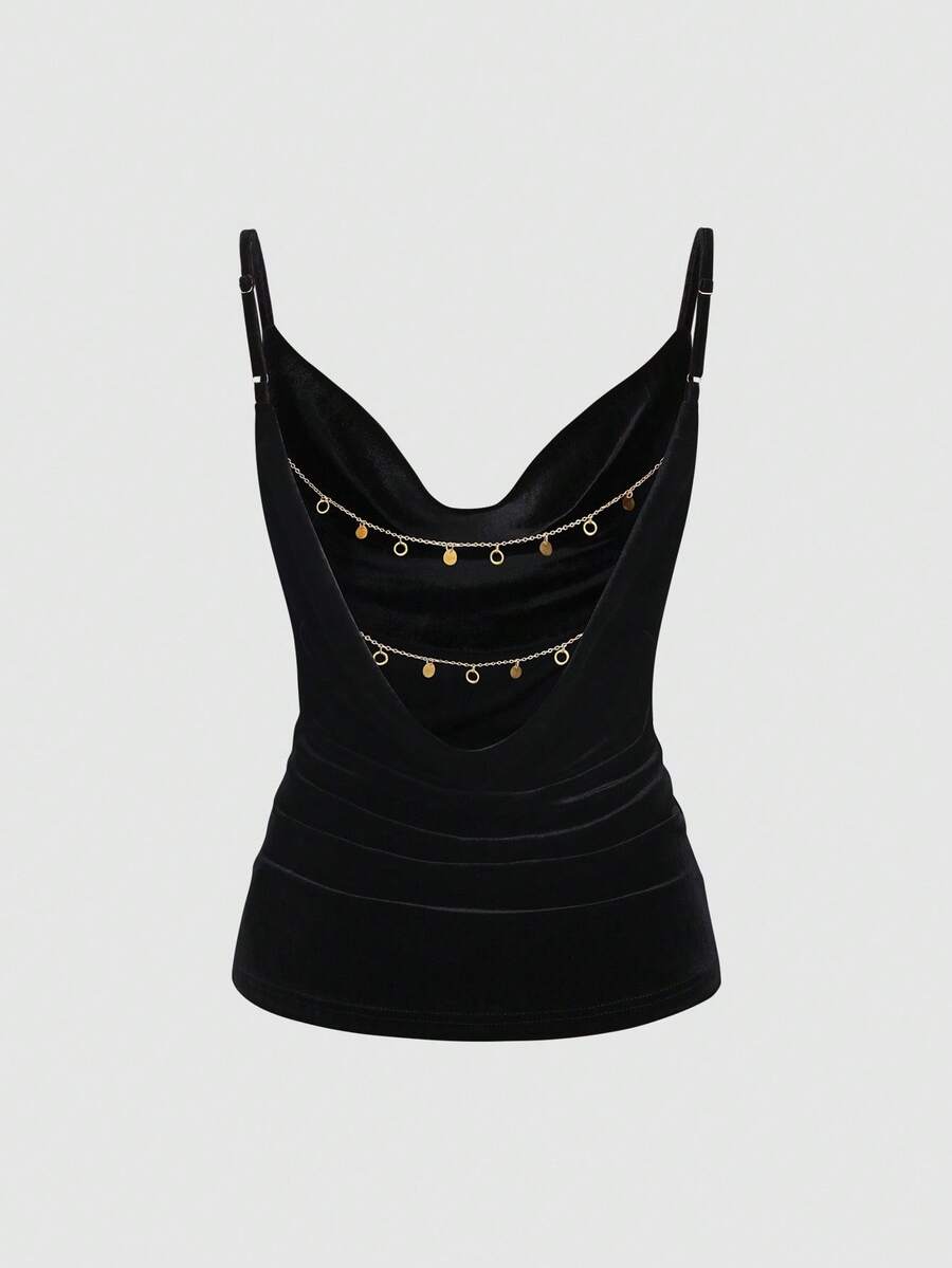 Sweetra Áo ba lỗ hở lưng dự tiệc cổ tròn có thể tháo rời thời trang thu đông mới cho nữ - màu đen - Xem 1