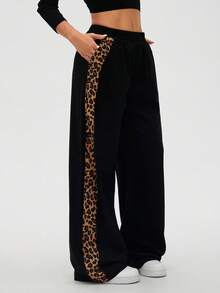 SHEIN LUNE 女式豹纹拼布休闲阔腿裤，秋冬 - 黑色 - 查看 4