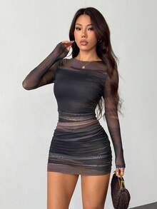 SHEIN PETITE 女式扎染印花圆领长袖褶饰修身休闲迷你连衣裙 - 彩色 - 查看 6