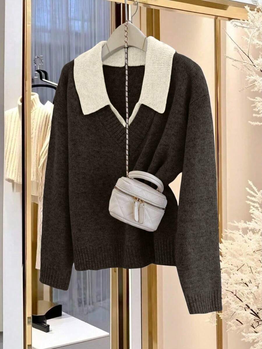 Franclia V-Neck 2 In 1 Long Sleeve Sweater, Autumn/Winter - Coffee Brown - View 1
