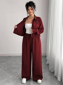 Elenzga 大码女式法式浪漫西西里优雅休闲通勤度假纯棕色衬衫领隐形门襟松紧下摆长袖衬衫 + 松紧腰工装裤套装，春/秋/冬 - 紫紅色 - 查看 7