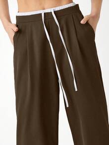 SHEIN EZwear Women's Lace-Up Pleated Casual Daily Wear Long Pants - Chocolate Brown - View 4
