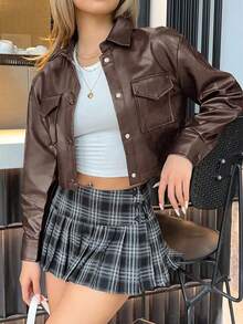 SHEIN EZwear 女款酒紅色長袖單排扣實用口袋休閒夾克，秋冬穿著，舒適保暖 - 酒紅色 - 查看 5