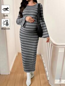 SHEIN Comfortable Fitted Stretchy Casual Long Sleeve Maternity Dress Striped Maternity Dress Ribbed Maternity Dress Maternity Knit Dress Fitted Maternity Dress - Multicolor - View 1