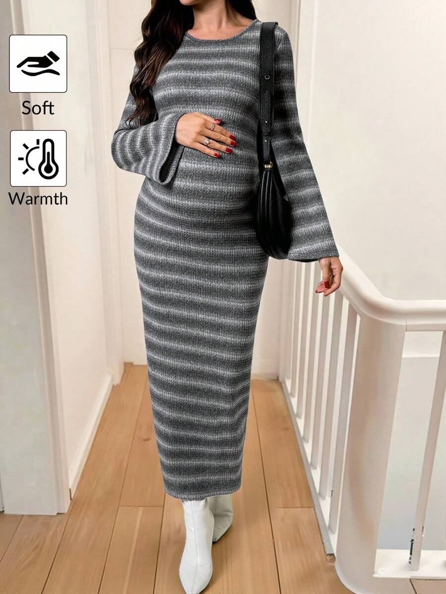 SHEIN Comfortable Fitted Stretchy Casual Long Sleeve Maternity Dress Striped Maternity Dress Ribbed Maternity Dress Maternity Knit Dress Fitted Maternity Dress - Multicolor - View 1