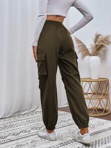 SHEIN Unity 女式纯色抽绳腰带口袋褶皱休闲哈伦裤 - 橄欖綠 - 查看 2