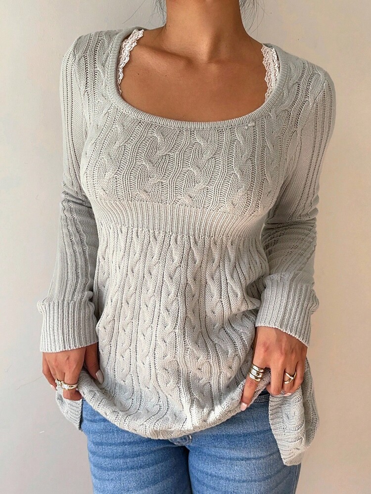 FavEase Women's Fall Casual Twist Cable Pattern Long Sleeve A-Line Sweater, Versatile For Autumn