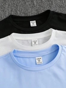 SHEIN 3 件套青少年男孩休闲字母图案 T 恤，黑白绿，适合通勤、上学、日常休闲装、运动、秋冬 - 藍色 - 查看 5
