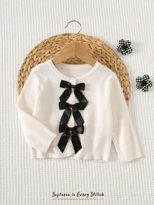 Cozy Pixies Cardigan Rajut Lembut dengan Pita dan Blok Warna untuk Bayi Perempuan, Pakaian Musim Gugur dan Musim Dingin untuk Anak Perempuan - Aprikot - View 5