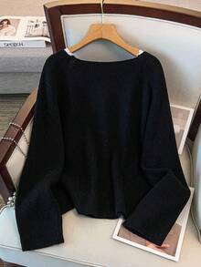 EMERY ROSE New Elegant Lace Trim V-Neck Soft & Versatile Plus Size Women Knit Pullover Top Winter - Black - View 3