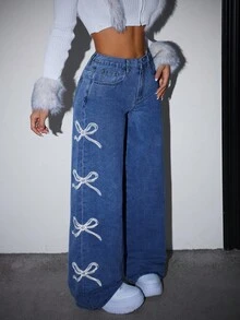 SHEIN PETITE Women's Casual Loose Fit Jeans With Bow Detail, Women Bow Jeans Pants,Denim Pants,Winter Women Clothes,Homecoming Jeans,Going Out Bottoms - Dark Wash - View 2