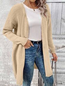 EMERY ROSE 女士休闲日常通勤简约纯色长款开衫毛衣，秋冬 - 卡其色 - 查看 6