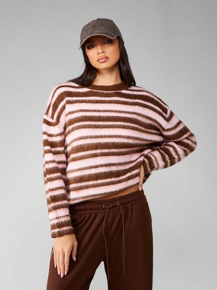 MISSGUIDED Pull tricoté rayé, vêtement de détente casual, pull à manches longues pour l'automne et l'hiver, doux et douillet, oversize, tricot bicolore rose et marron