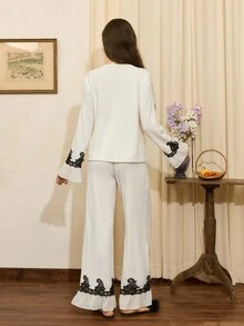 Côtesoire French Elegant Lace Knitted Ribbed Women Pajama Set, Fall Clothes - White - View 2