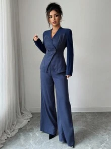 Modelyn Damen gewebter gestreifter blauer Patchwork einfarbiger Langarm anliegender Top und gerade geschnittene Hose Anzug, Herbst/Winter