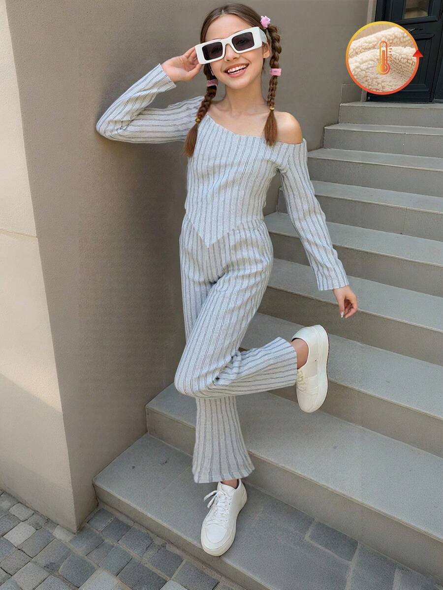 2件套女孩休闲可爱不对称肩纯色长袖上衣和阔腿裤套装 - 淺灰色 - 查看 1