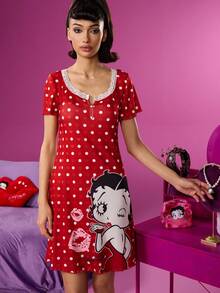 Betty Boop x SHEIN Women's Red Summer Cute Polka Dot & Betty Cartoon Figure Graphic Contrast Lace Nightgown Fall Pajama Dress Christmas - Red - View 5