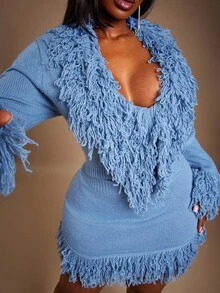 Radiana 大码女式优雅流苏领针织开衫和流苏下摆针织裙毛衣套装秋冬女装 - 藍色 - 查看 6