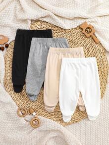 SHEIN 4 件/包新生女婴纯色白色、粉色、黑色、灰色连脚紧身裤 - 柔软、有弹性的罗纹针织面料，穿着舒适，适合所有季节，可爱简约，易于穿着，性价比高，适合居家、外出、度假、日常穿着，0-3 个月，春夏新品，女婴服装套装 - 彩色 - 查看 2