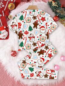 SHEIN 青少年女孩休闲简约圣诞卡通圣诞老人、姜饼人、雪人、圣诞树、铃铛、拐杖糖印花短袖圆领 T 恤和紧身裤睡衣套装，舒适贴身 - 彩色 - 查看 3