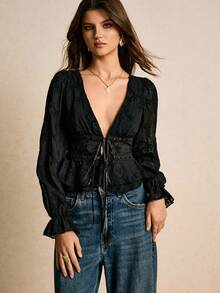 Poéselle 女士时尚性感花卉刺绣深V领上衣