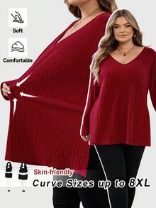 SHEIN CURVE+ 加大码 V 领罗纹下摆开衩蓝色 T 恤，秋冬女装，冬季，CURVE PLUS/秋冬 - 酒紅色 - 查看 11