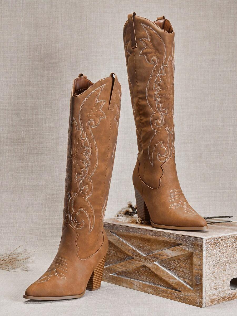 SHUZIA Women's Retro Embroidery Pattern Snip Toe Block Heel Knee High Nub Tan Cowboy Boots-Sleek Silhouette With Timeless Rodeo Appeal For Christmas - Maroon - View 1