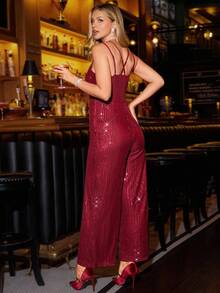 Amorya 女士优雅 V 领亮片连体裤，适合圣诞派对和多种场合，秋季 - 酒紅色 - 查看 5