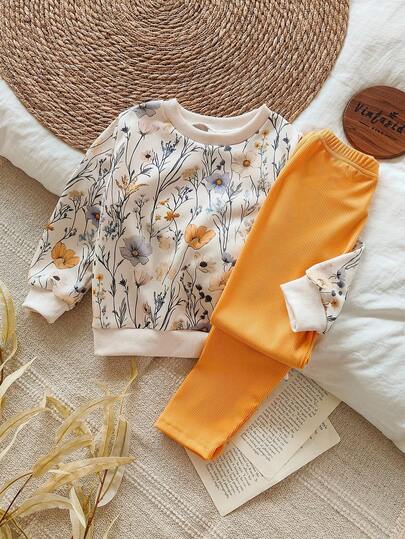 SHEIN Vintaside Kids 女童黄色渐变花卉长袖运动衫和罗纹紧身裤套装，时尚可爱的春秋季服装